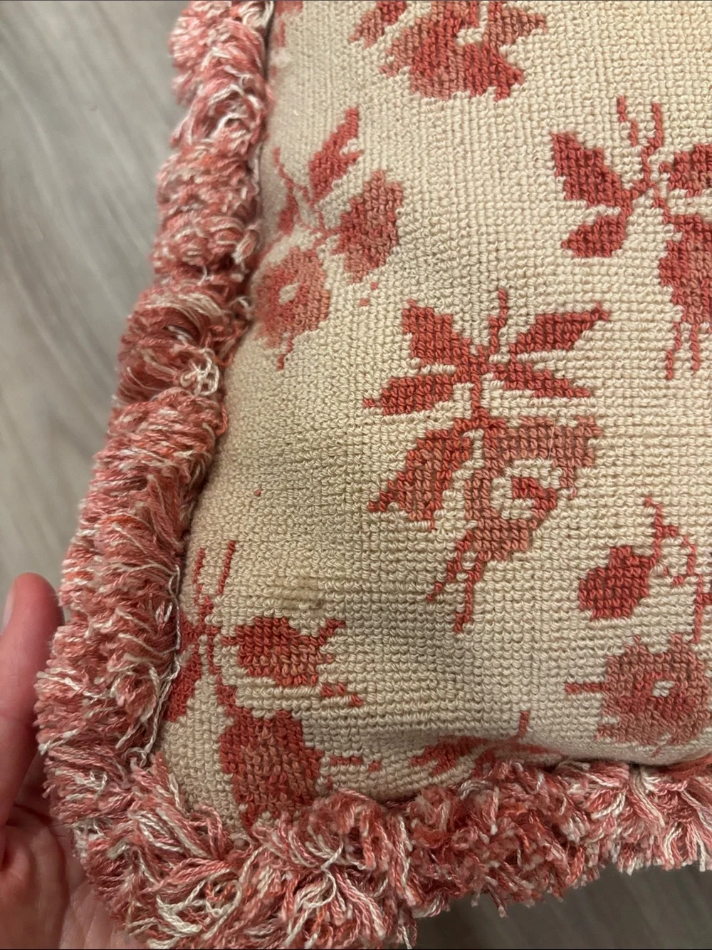 French floral throw pillow with fringe trim
